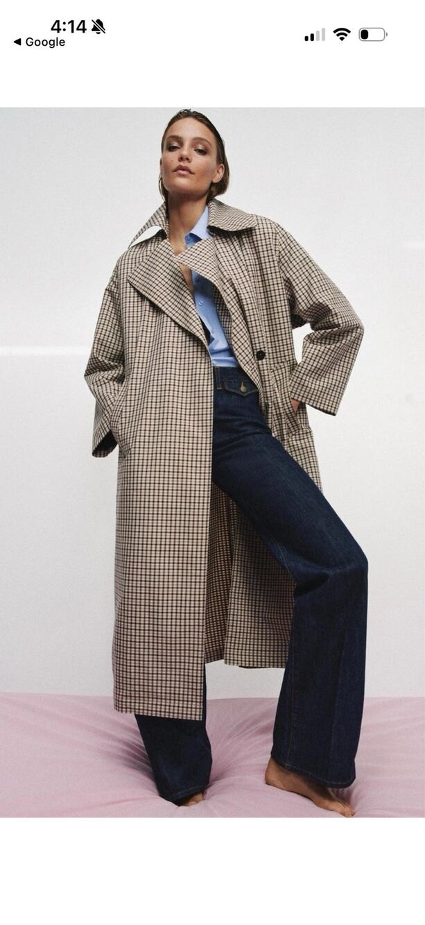 Zara ZW Collection Oversized Plaid Trench Coat Beige Green S